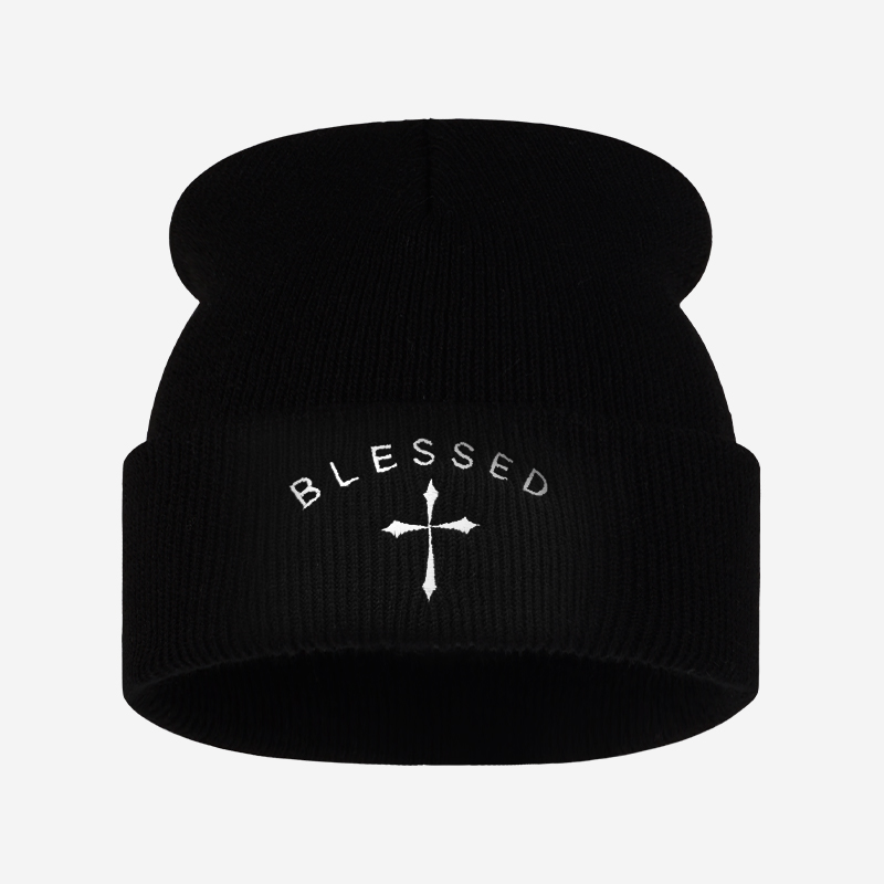 Beanie Cuffed Knit - Gestickte Mütze mit gesegnetem Kreuz, Wintermütze