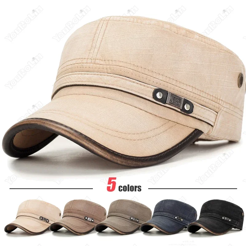 Dad Hat Cotton - Gewaschene, abgenutzte, verblasste Flat-Cap mit Lederbesatz,